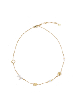 Ketting hartje, strikje en pareltje goud - Rose &amp; Camellia