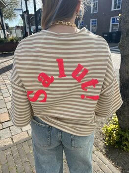 T-shirt Salut! gestreept beige creme