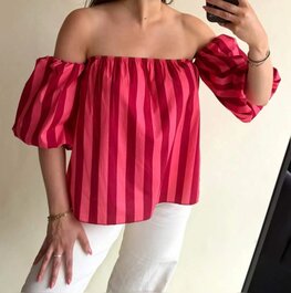 Offshoulder top gestreept - roze