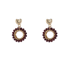 Oorbellen E65051-3 hartje rondje met kraaltjes burgundy goud - Day&amp;Eve