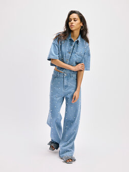 Denim top met parels Adeline blauw - Refined Department