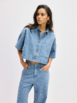Denim top met parels Adeline blauw - Refined Department
