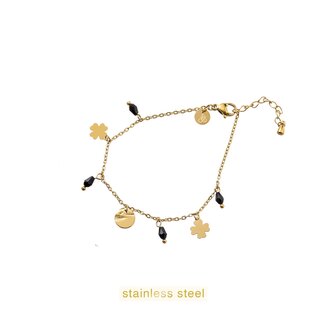 Armband B56309-1 Clovers pendants black goud - Day&amp;Eve