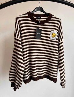 Trui gestreept met smiley bruin / offwhite