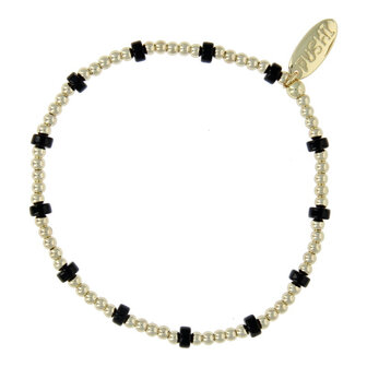 Armband 3mm halfedelsteen zwart schijfjes 14 krt plated brass FJ8633 goud - Fushi