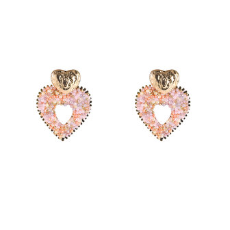 Oorbellen E60090-3 twee hartjes met multi roze kralen goud - Day&amp;Eve