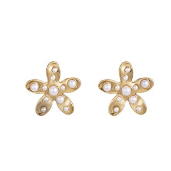 Oorbellen bloemetje met parels goud - Rose&amp;Camellia