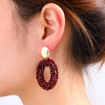 Oorbellen E65080-3 ovaal met kralen bordeaux rood goud - Day&amp;Eve