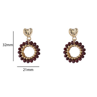 Oorbellen E65051-3 hartje rondje met kraaltjes burgundy goud - Day&amp;Eve