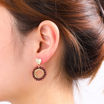 Oorbellen E65051-3 hartje rondje met kraaltjes burgundy goud - Day&amp;Eve