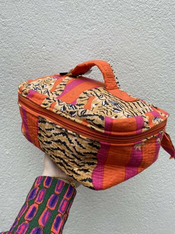 Toilettas/Beautycase oranje/fuchsia met panter - Loffs