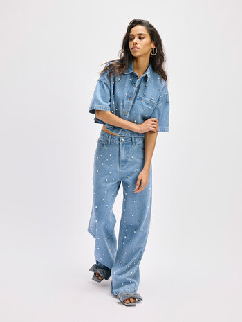 Denim top met parels Adeline blauw - Refined Department