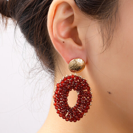 Oorbellen E55227-5 beaded oval drop burgundy goud - Day&Eve