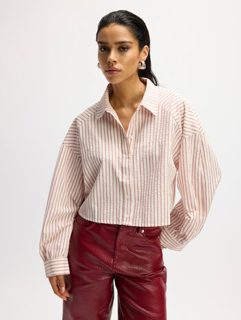 Oversized korte blouse streepjes Sadie bordeaux rood - Refined Department