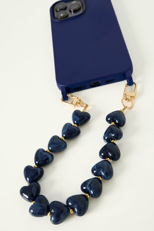 Telefoonkoord kort stenen hartjes donkerblauw