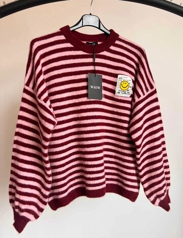 Trui gestreept met smiley roze / rood