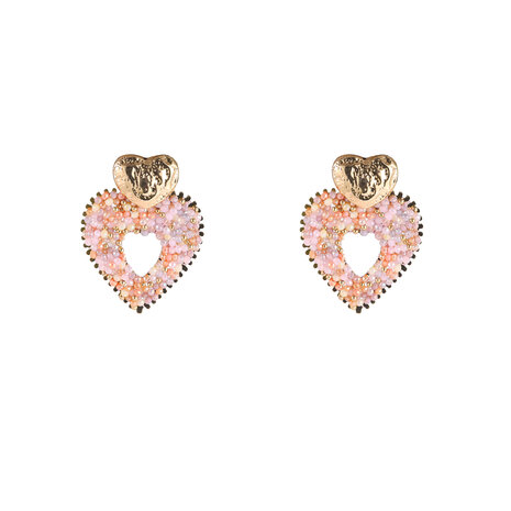 Oorbellen E60090-3 twee hartjes met multi roze kralen goud - Day&Eve