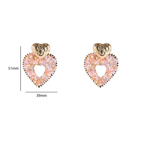 Oorbellen E60090-3 twee hartjes met multi roze kralen goud - Day&Eve