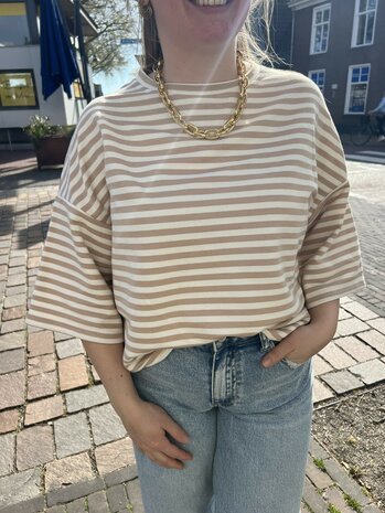 T-shirt Salut! gestreept beige creme