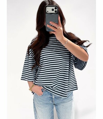 T-shirt gestreept lichtblauw/navy