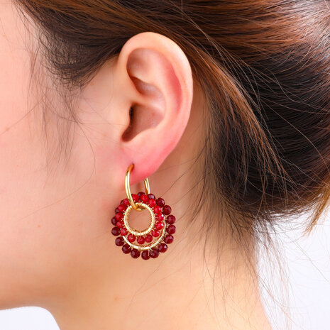 Oorbellen E65060-3 hoops met ringen van kraaltjes bordeaux rood goud - Day&Eve