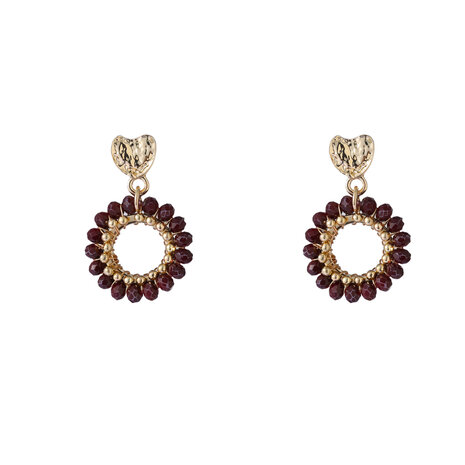Oorbellen E65051-3 hartje rondje met kraaltjes burgundy goud - Day&Eve