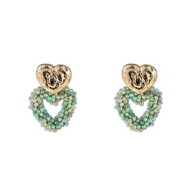 Oorbellen E4054-7 double heart beads green/goud - Day&Eve Oorbellen E4054-7 double heart beads green/goud - Day&Eve