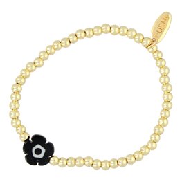 Armband 4mm met glas bloemkraal zwart/wit FJ6848 goud - Fushi Armband 4mm met glas bloemkraal zwart/wit FJ6848 goud - Fushi