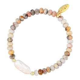 Armband halfedelsteen donut facet crazy agate met zoetwaterparel FJ6600 goud - Fushi Armband halfedelsteen donut facet crazy agate met zoetwaterparel FJ6600 goud - Fushi