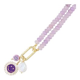 Ketting glaskralen donut lila met clip en bedels FJ7717 - Fushi Ketting glaskralen donut lila met clip en bedels FJ7717 - Fushi