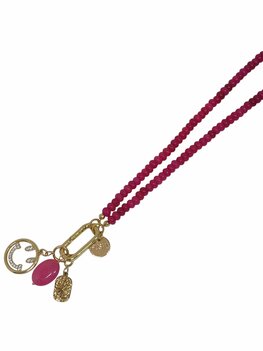 Ketting glaskralen donut donker roze met clip en bedels FJ003 - Fushi Ketting glaskralen donut donker roze met clip en bedels FJ003 - Fushi