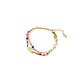 Armband B56318-3 Double heart brown fucsia goud - Day&Eve Armband B56318-3 Double heart brown fucsia goud - Day&Eve