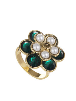 Ring bloem met parels groen goud - Rose & Camellia