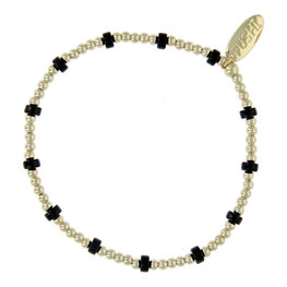 Armband 3mm halfedelsteen zwart schijfjes 14 krt plated brass FJ8633 goud - Fushi